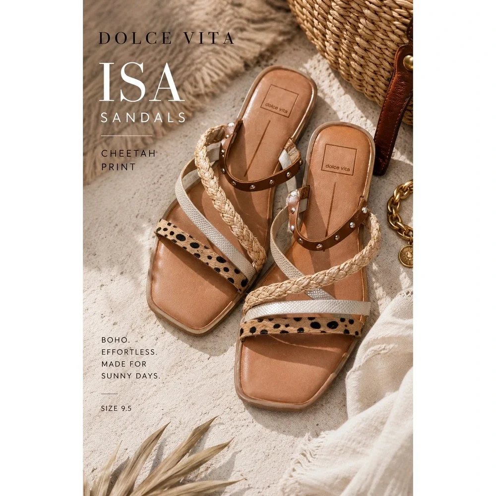 Dolce Vita Isa Sandals 9.5 Cheetah Print Braided Raffia Studded Boho